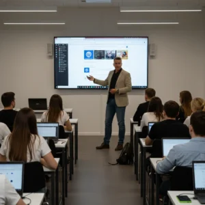 Weboldal készítés, karbantartás és WordPress oktatás a Sitementor-nál. A képen Jamrik Vilmos a Sitementor alapítója látható egy oktatóteremben
